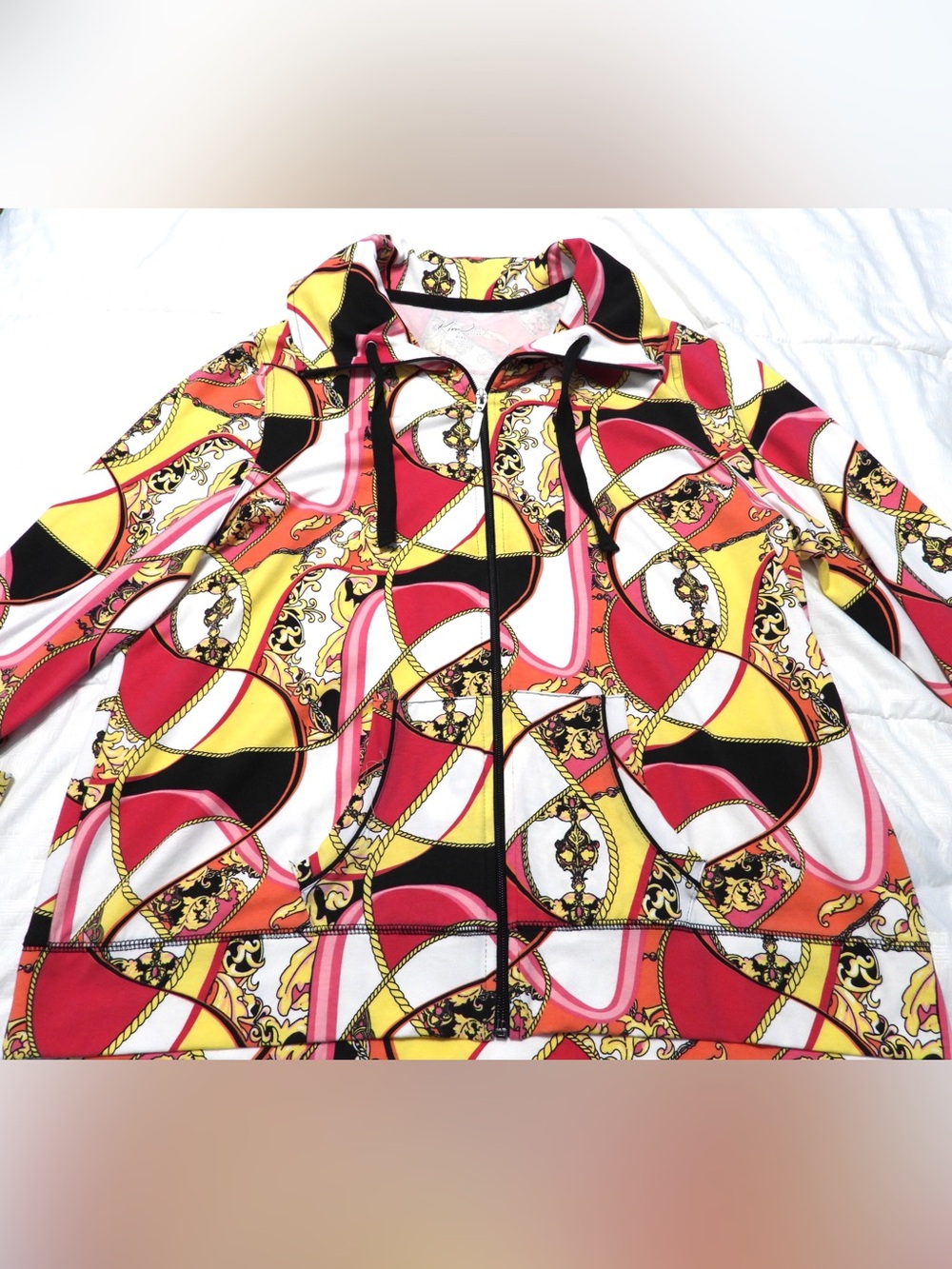 Retro Kim Rogers Red Yellow Black Multi-Print Zip-Up Bomber Jacket PXL